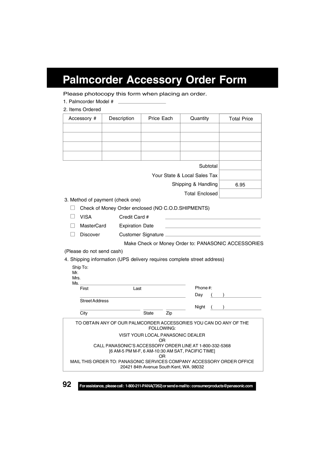 Panasonic PV-DV73 operating instructions Palmcorder Accessory Order Form, Visa 