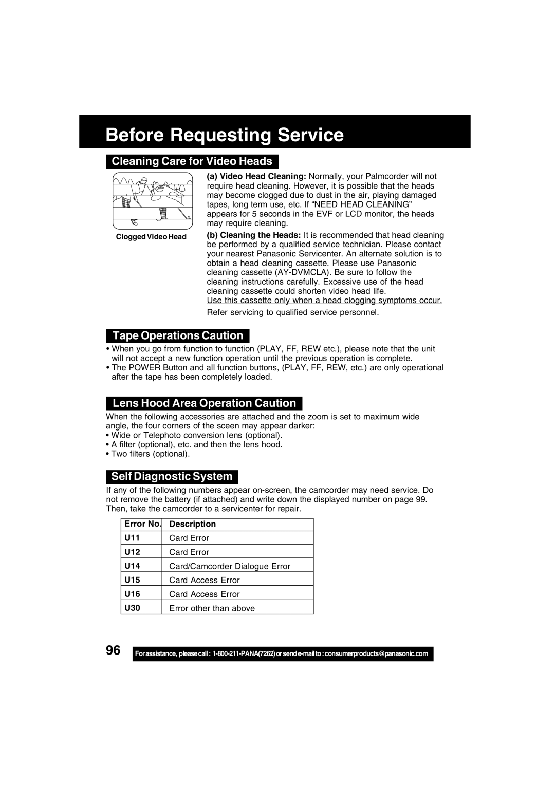 Panasonic PV-DV73 operating instructions Before Requesting Service, Cleaning Care for Video Heads, Tape Operations Caution 