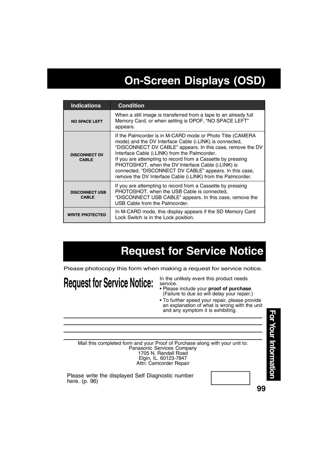 Panasonic PV-DV73 operating instructions Request for Service Notice 