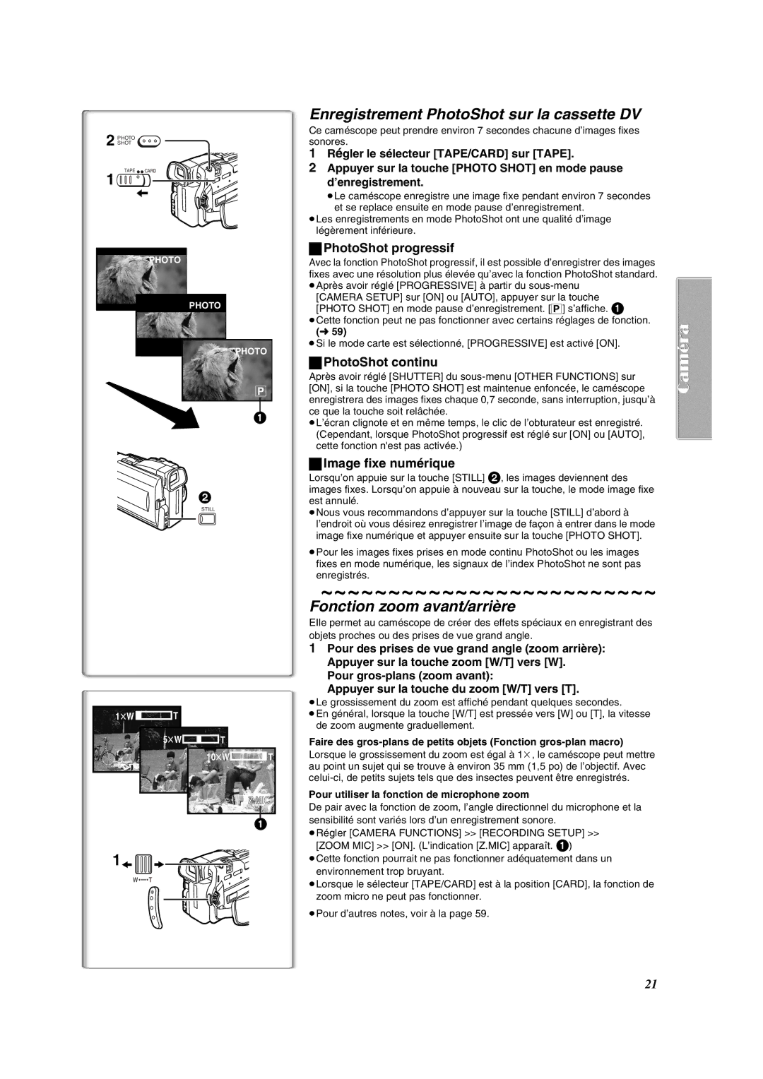 Panasonic PV-DV852 Enregistrement PhotoShot sur la cassette DV, Fonction zoom avant/arrière, PhotoShot progressif 