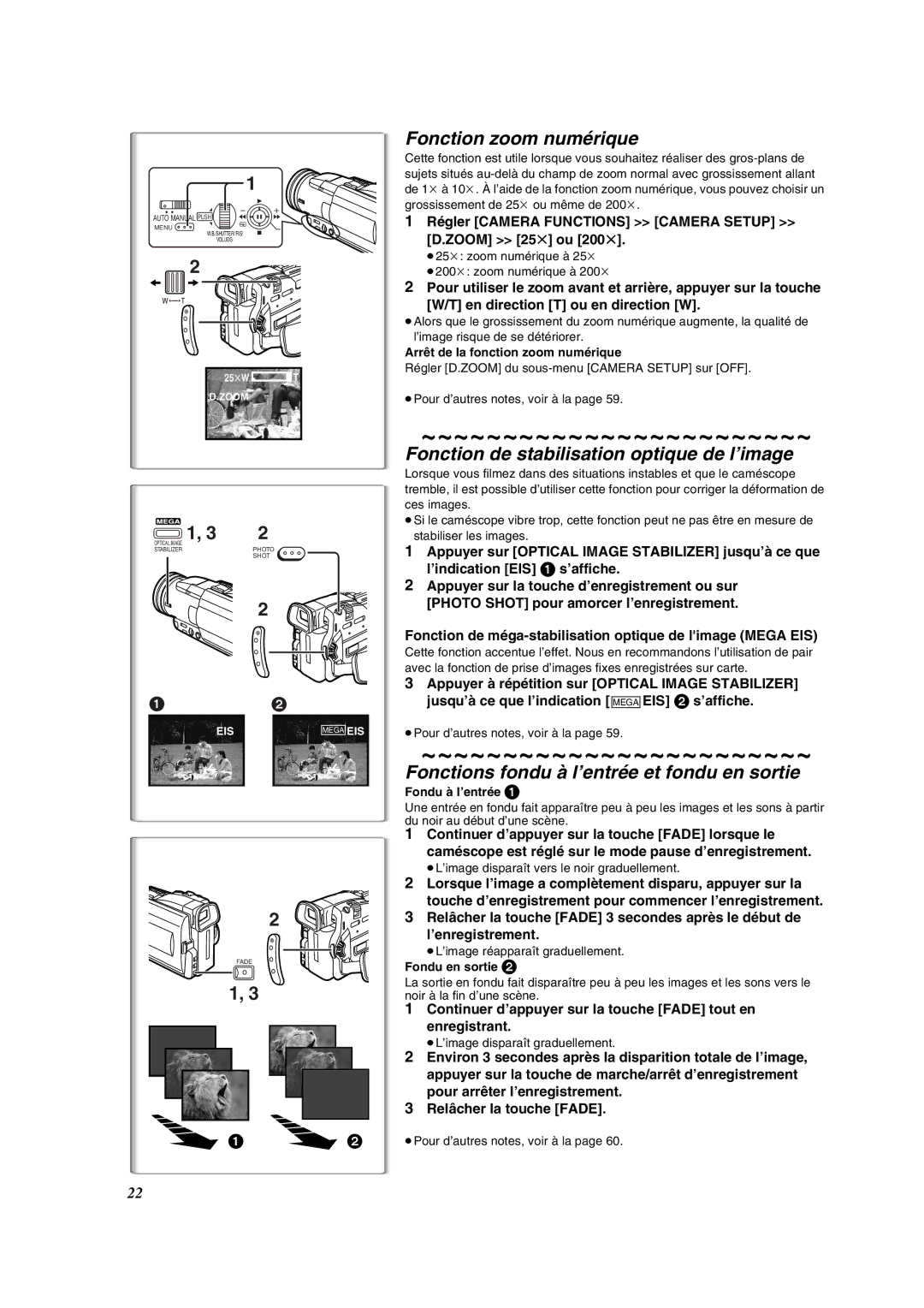 Panasonic PV-DV852 operating instructions Fonction zoom numérique, Fonction de stabilisation optique de l’image 