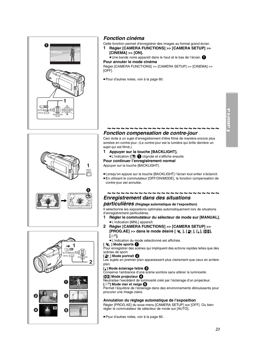 Panasonic PV-DV852 Fonction cinéma, Fonction compensation de contre-jour, Enregistrement dans des situations 