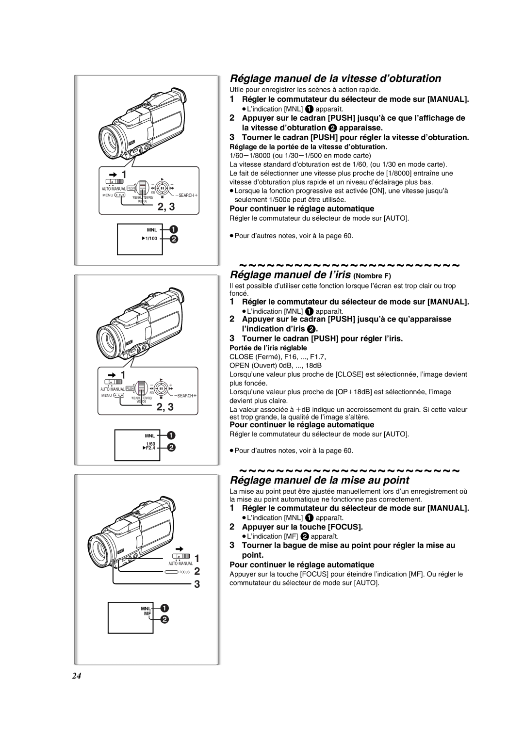 Panasonic PV-DV852 operating instructions Réglage manuel de la vitesse d’obturation, Réglage manuel de l’iris Nombre F 