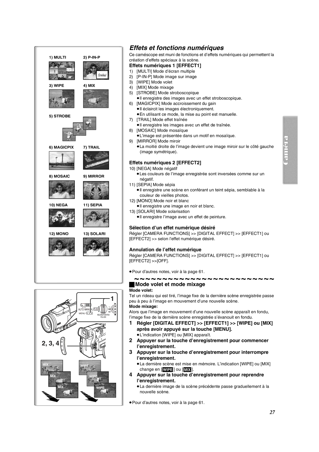 Panasonic PV-DV852 operating instructions Effets et fonctions numériques, Mode volet et mode mixage 