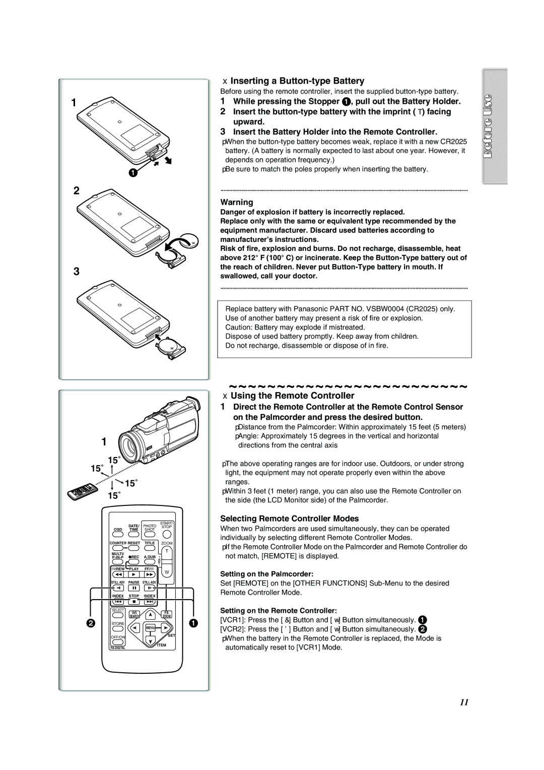 Panasonic PV-DV852 Inserting a Button-type Battery, 15˚, Using the Remote Controller, Selecting Remote Controller Modes 