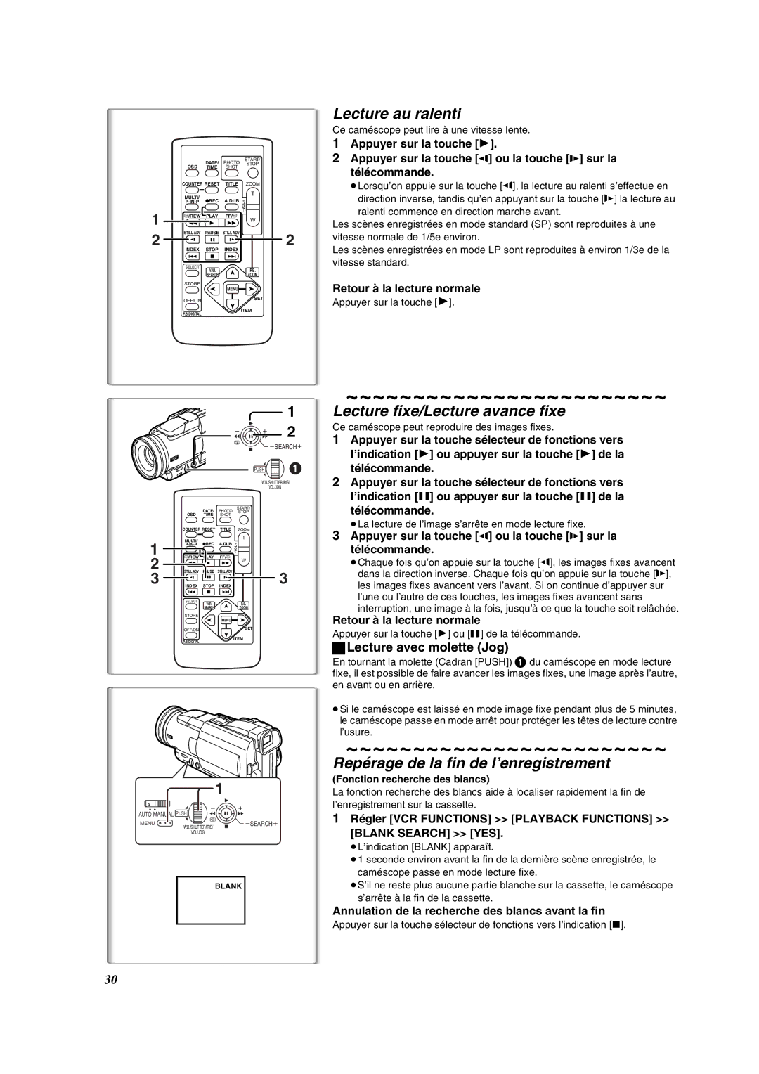 Panasonic PV-DV852 Lecture au ralenti, Lecture fixe/Lecture avance fixe, Repérage de la fin de l’enregistrement 