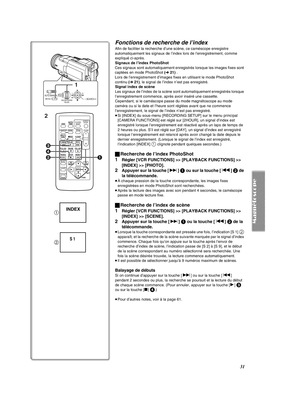 Panasonic PV-DV852 Fonctions de recherche de l’index, Recherche de l’index PhotoShot, Recherche de l’index de scène 