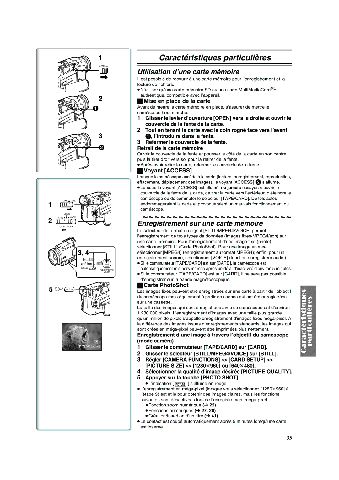 Panasonic PV-DV852 Utilisation d’une carte mémoire, Enregistrement sur une carte mémoire, Mise en place de la carte 