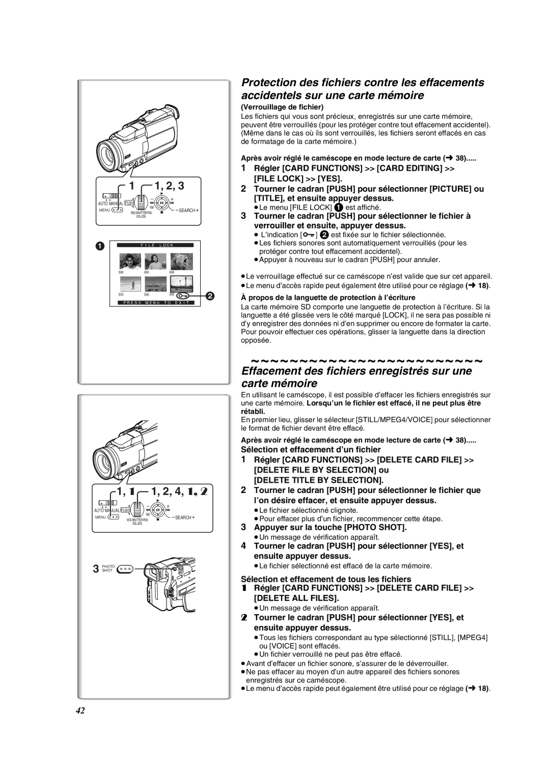 Panasonic PV-DV852 Verrouillage de fichier, Après avoir réglé le caméscope en mode lecture de carte l38 