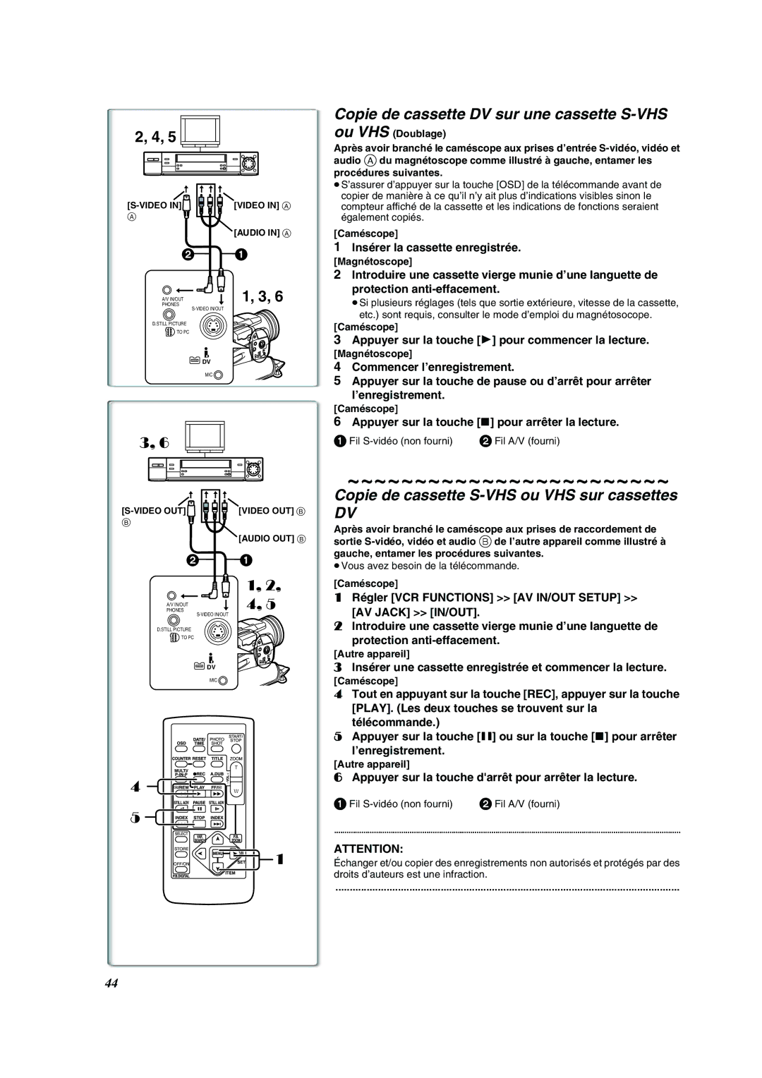 Panasonic PV-DV852 operating instructions Copie de cassette S-VHS ou VHS sur cassettes 