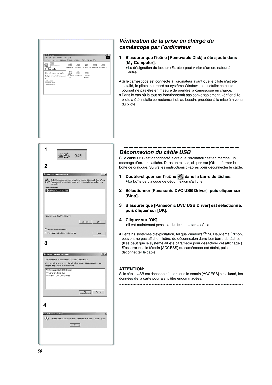 Panasonic PV-DV852 operating instructions Déconnexion du câble USB, Double-cliquer sur l’icône dans la barre de tâches 