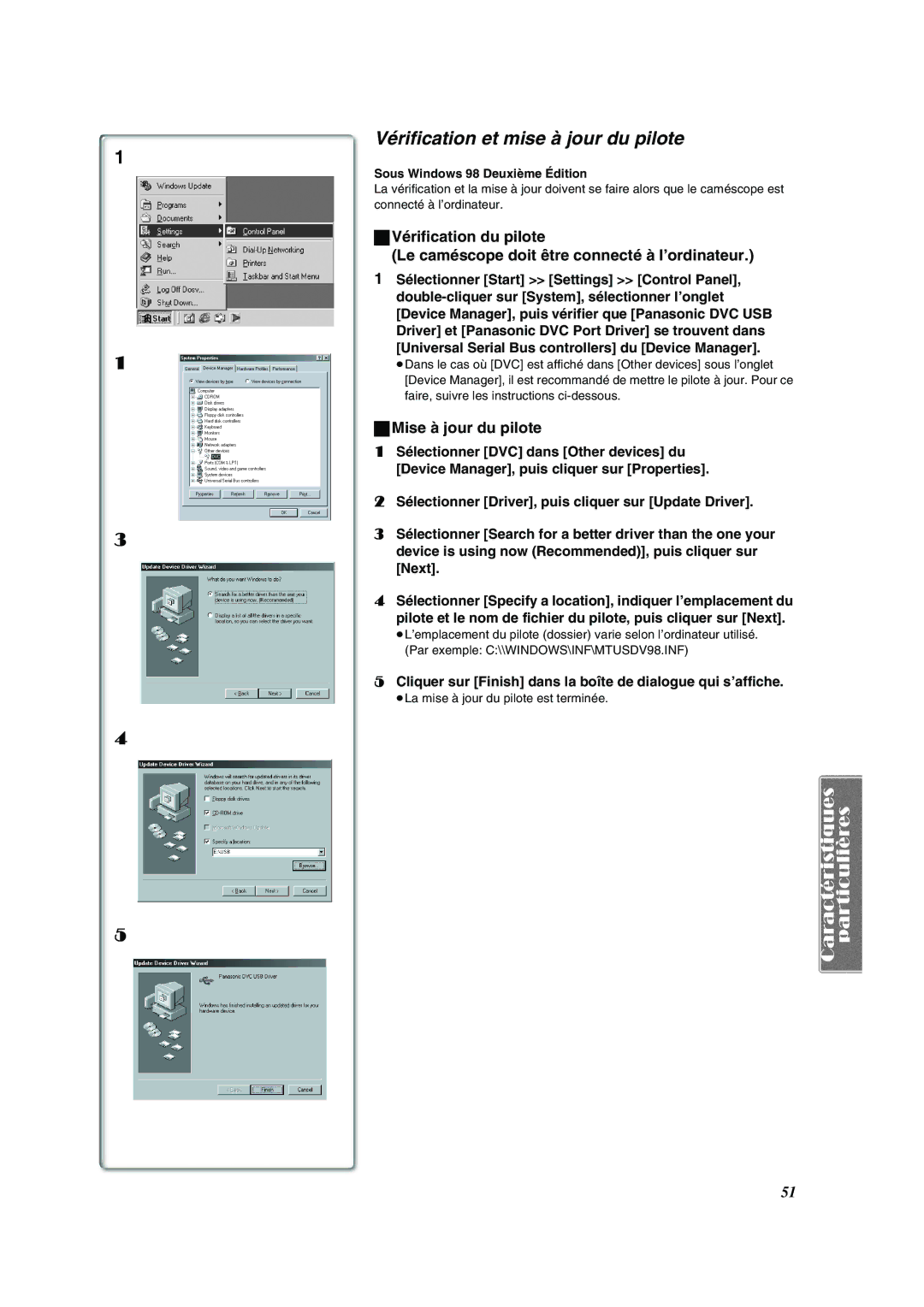 Panasonic PV-DV852 Vérification et mise à jour du pilote, Mise à jour du pilote, Sous Windows 98 Deuxième Édition 