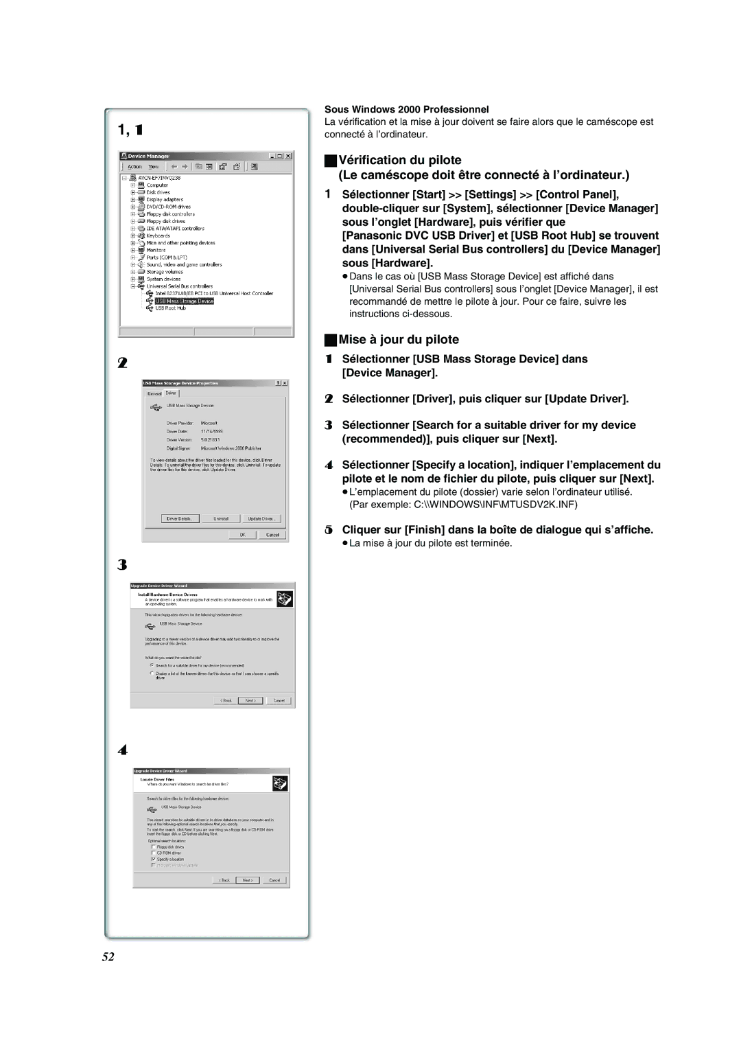 Panasonic PV-DV852 operating instructions Sous Windows 2000 Professionnel 