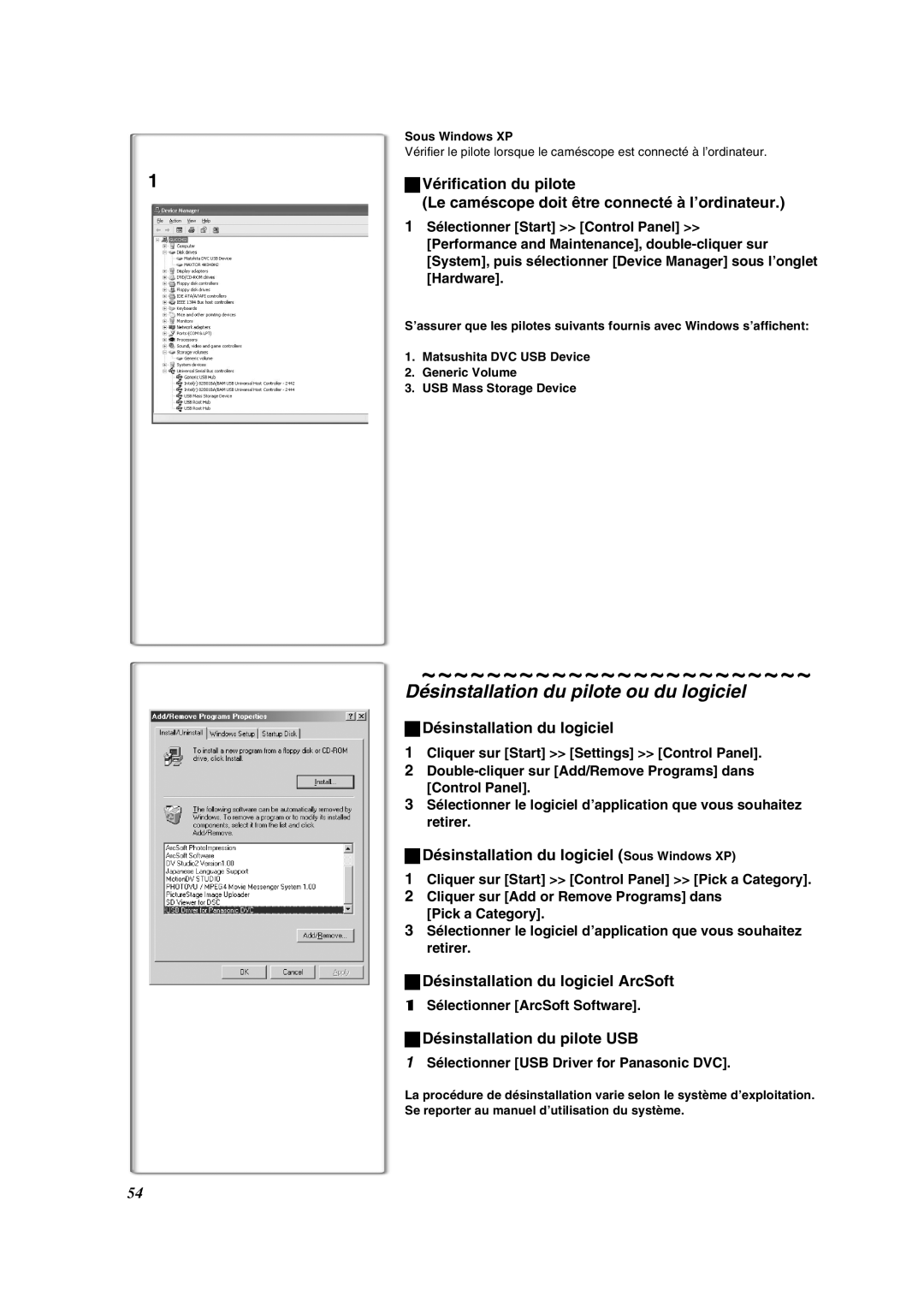 Panasonic PV-DV852 operating instructions Désinstallation du pilote ou du logiciel 