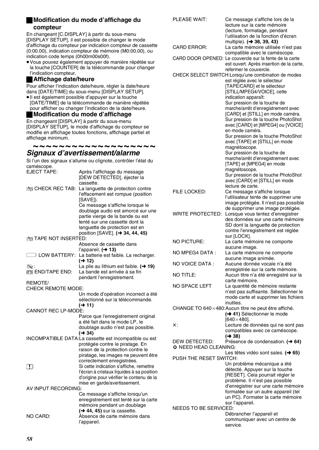 Panasonic PV-DV852 Signaux d’avertissement/alarme, Modification du mode d’affichage du Compteur, Affichage date/heure 