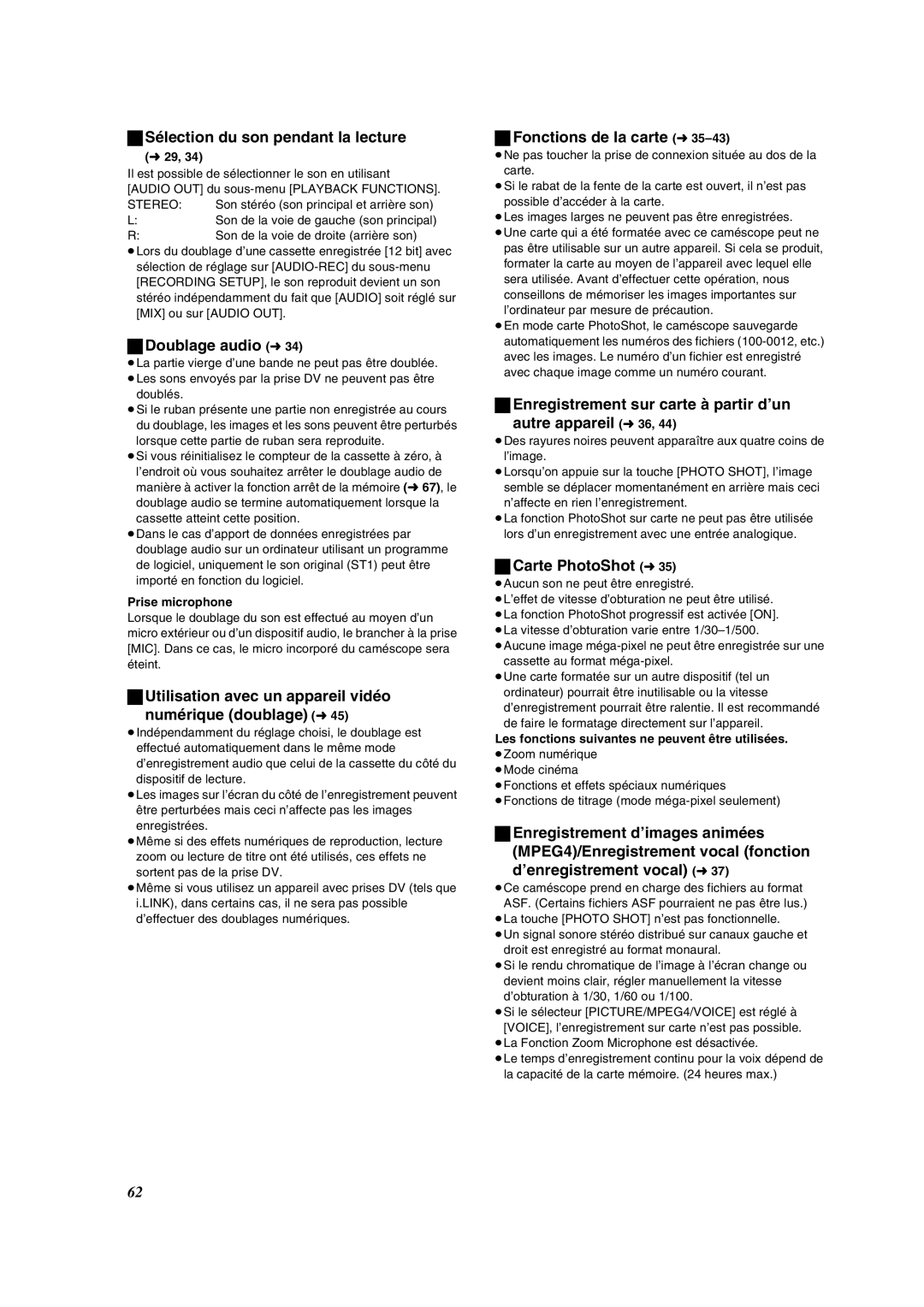 Panasonic PV-DV852 Sélection du son pendant la lecture, Doublage audio l34, Fonctions de la carte l35-43 