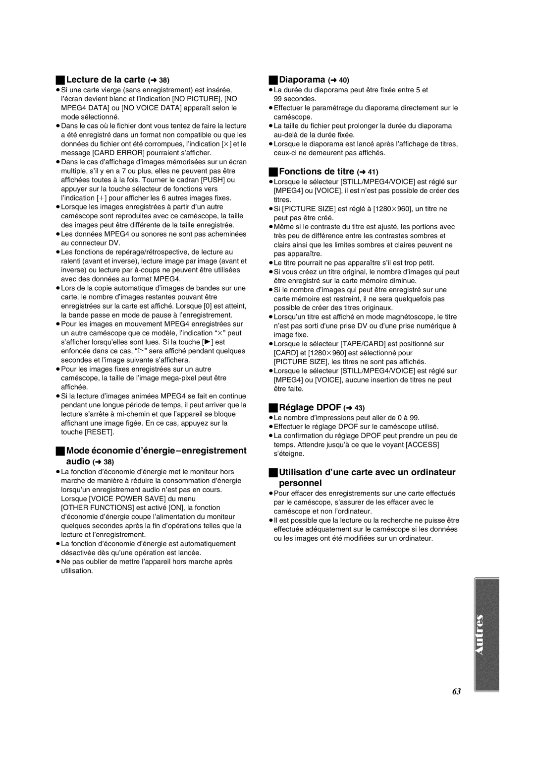 Panasonic PV-DV852 Lecture de la carte l38, Mode économie d’énergie-enregistrement Audio l38, Diaporama l40 