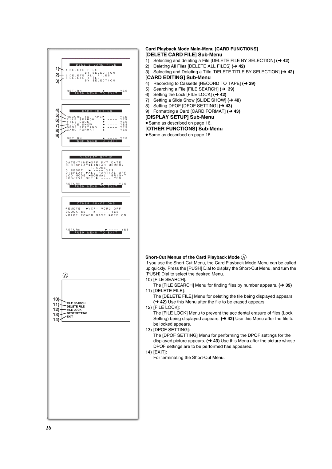 Panasonic PV-DV852 Delete Card File Sub-Menu, Card Editing Sub-Menu, Card Playback Mode Main-Menu Card Functions 