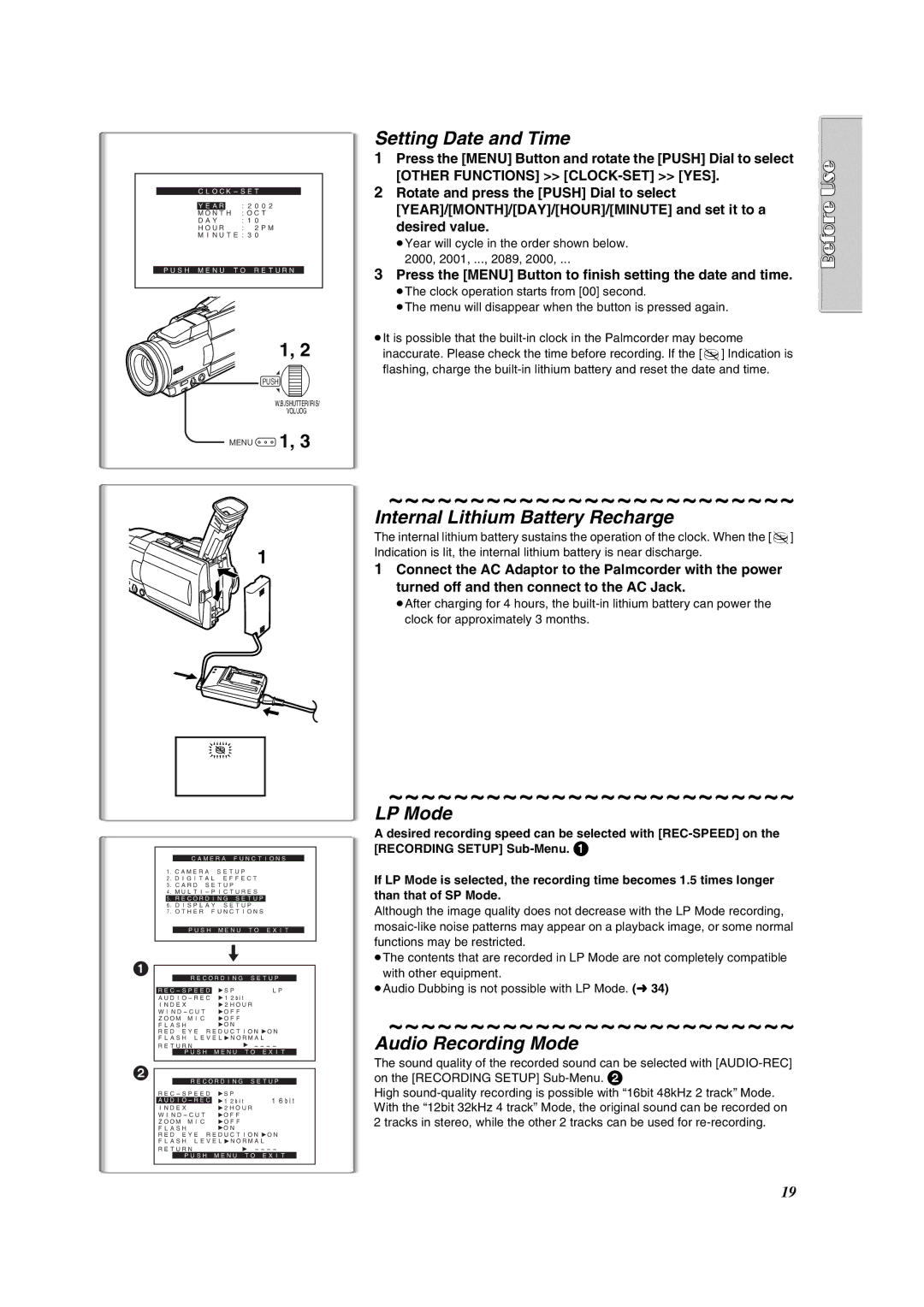 Panasonic PV-DV852 Setting Date and Time, Internal Lithium Battery Recharge, LP Mode, Audio Recording Mode 