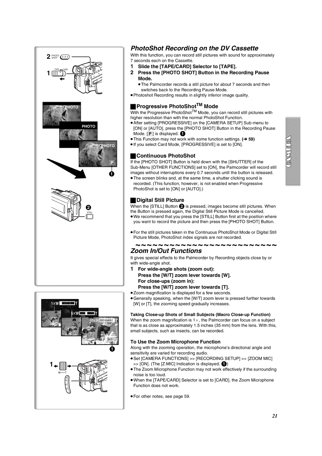 Panasonic PV-DV852 PhotoShot Recording on the DV Cassette, Zoom In/Out Functions, Progressive PhotoShotTM Mode 