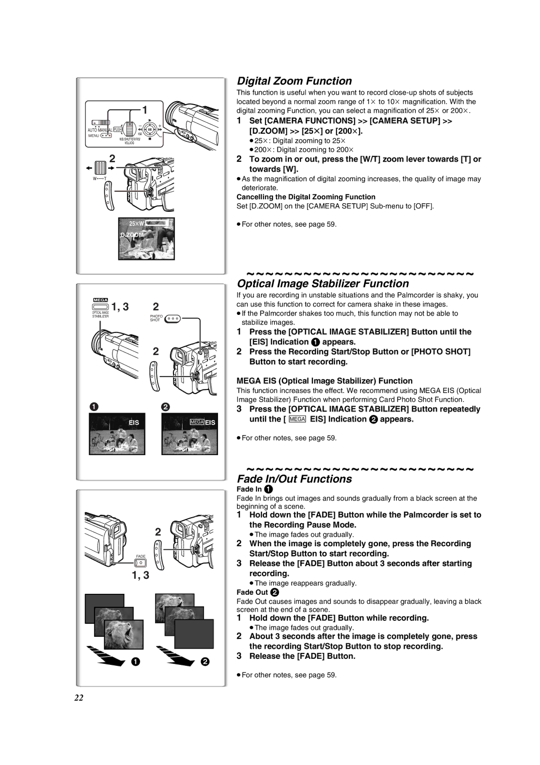 Panasonic PV-DV852 operating instructions Digital Zoom Function, Optical Image Stabilizer Function, Fade In/Out Functions 