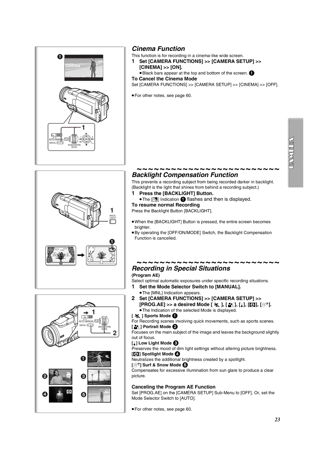 Panasonic PV-DV852 operating instructions Cinema Function, Backlight Compensation Function, Recording in Special Situations 