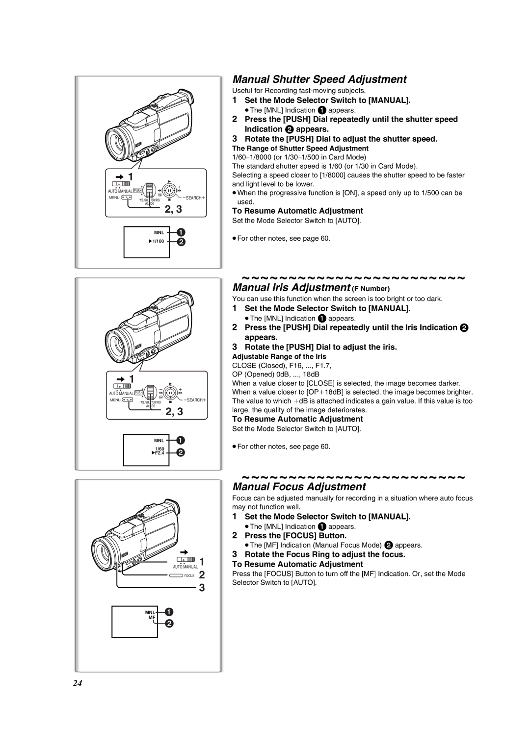 Panasonic PV-DV852 Manual Shutter Speed Adjustment, Manual Iris Adjustment F Number, Manual Focus Adjustment 