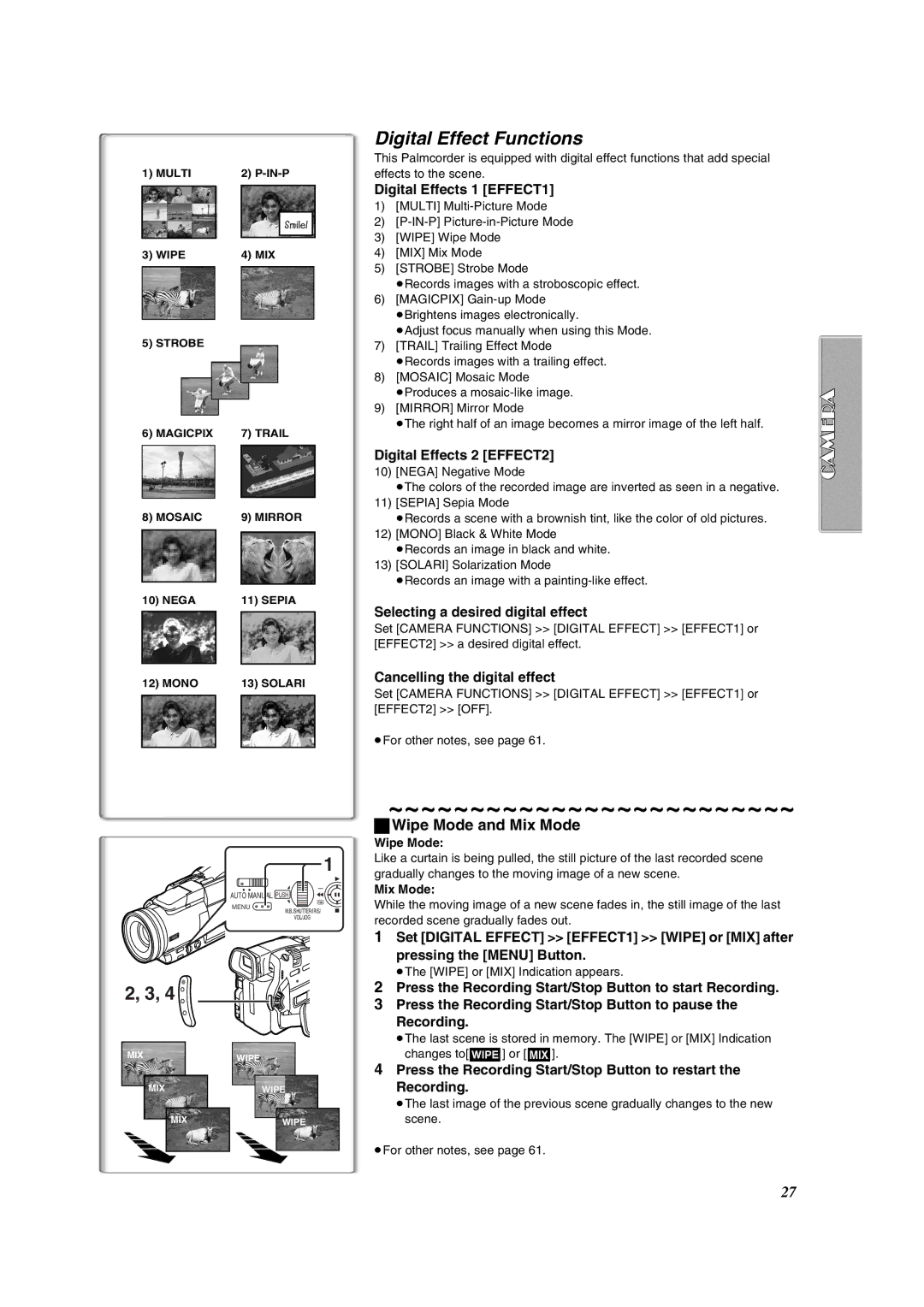 Panasonic PV-DV852 operating instructions Digital Effect Functions, Wipe Mode and Mix Mode 