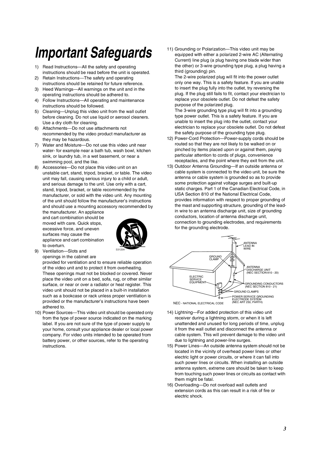 Panasonic PV-DV852 operating instructions Important Safeguards 