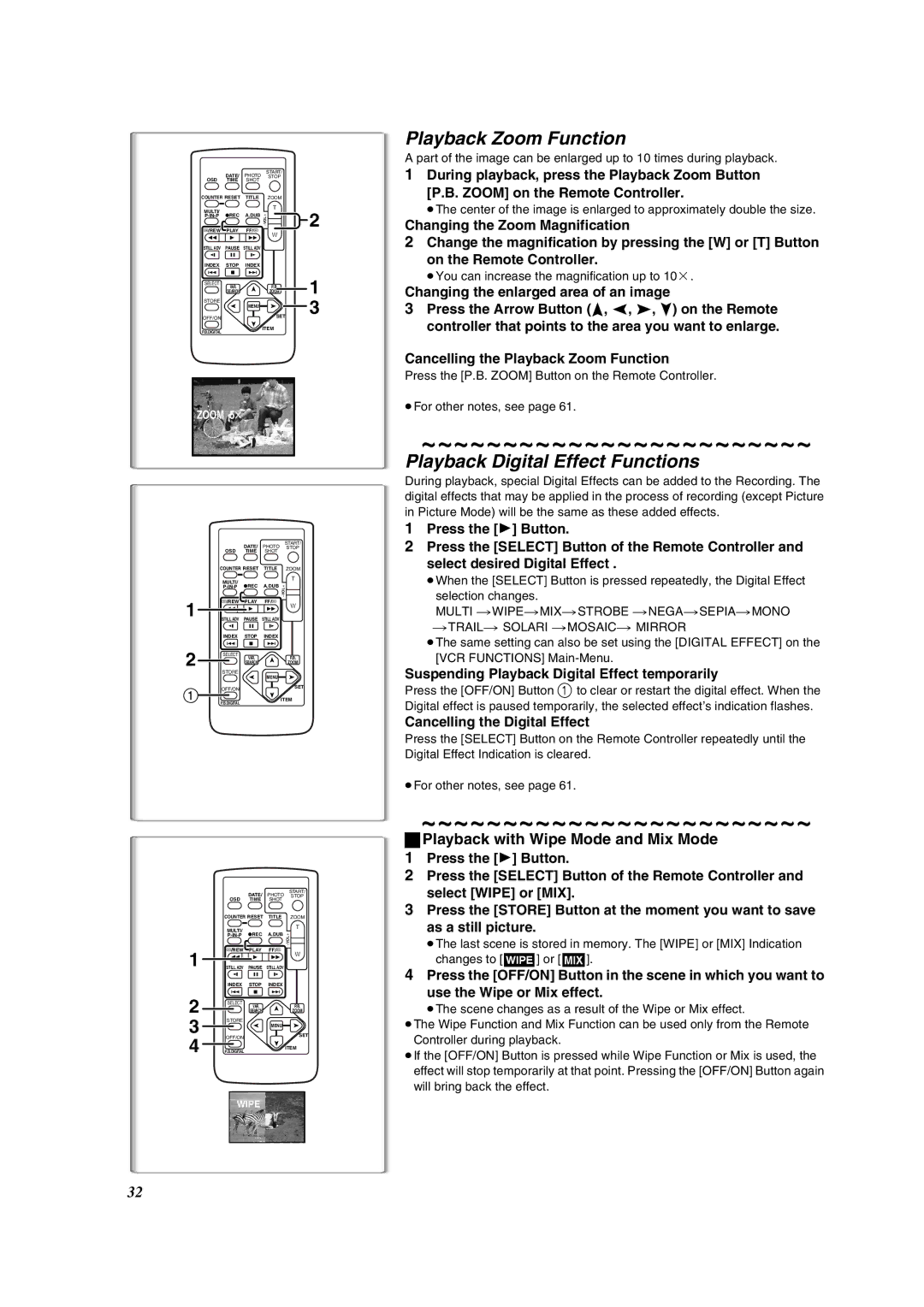 Panasonic PV-DV852 operating instructions Playback Zoom Function, Playback Digital Effect Functions 