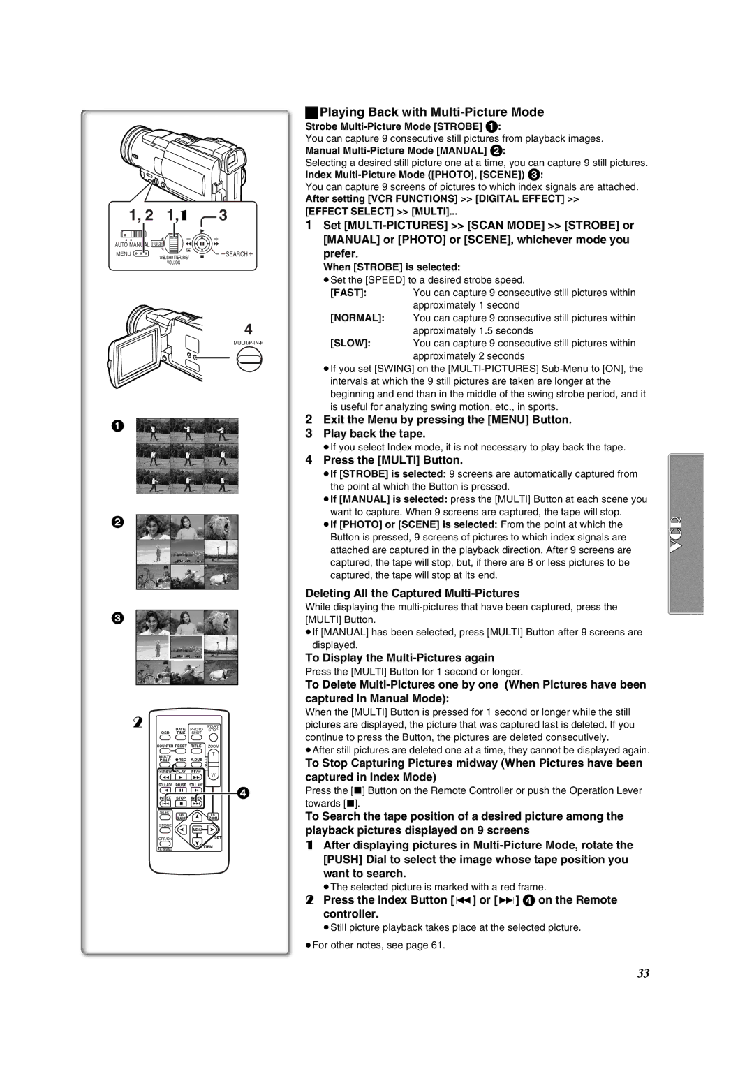 Panasonic PV-DV852 Playing Back with Multi-Picture Mode, Press the Index Button or 9 4 on the Remote controller 