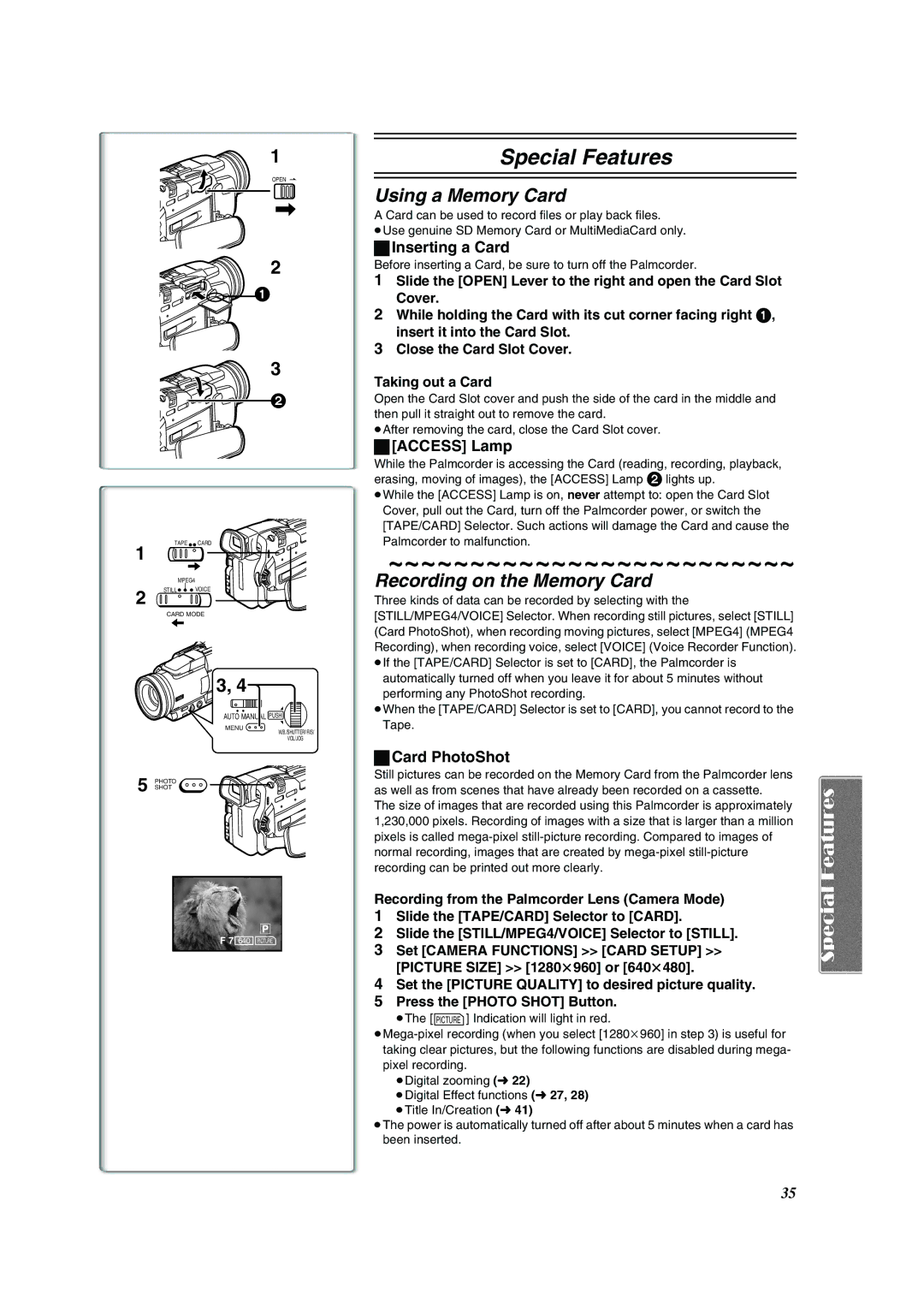 Panasonic PV-DV852 Using a Memory Card, Recording on the Memory Card, Inserting a Card, Access Lamp, Card PhotoShot 