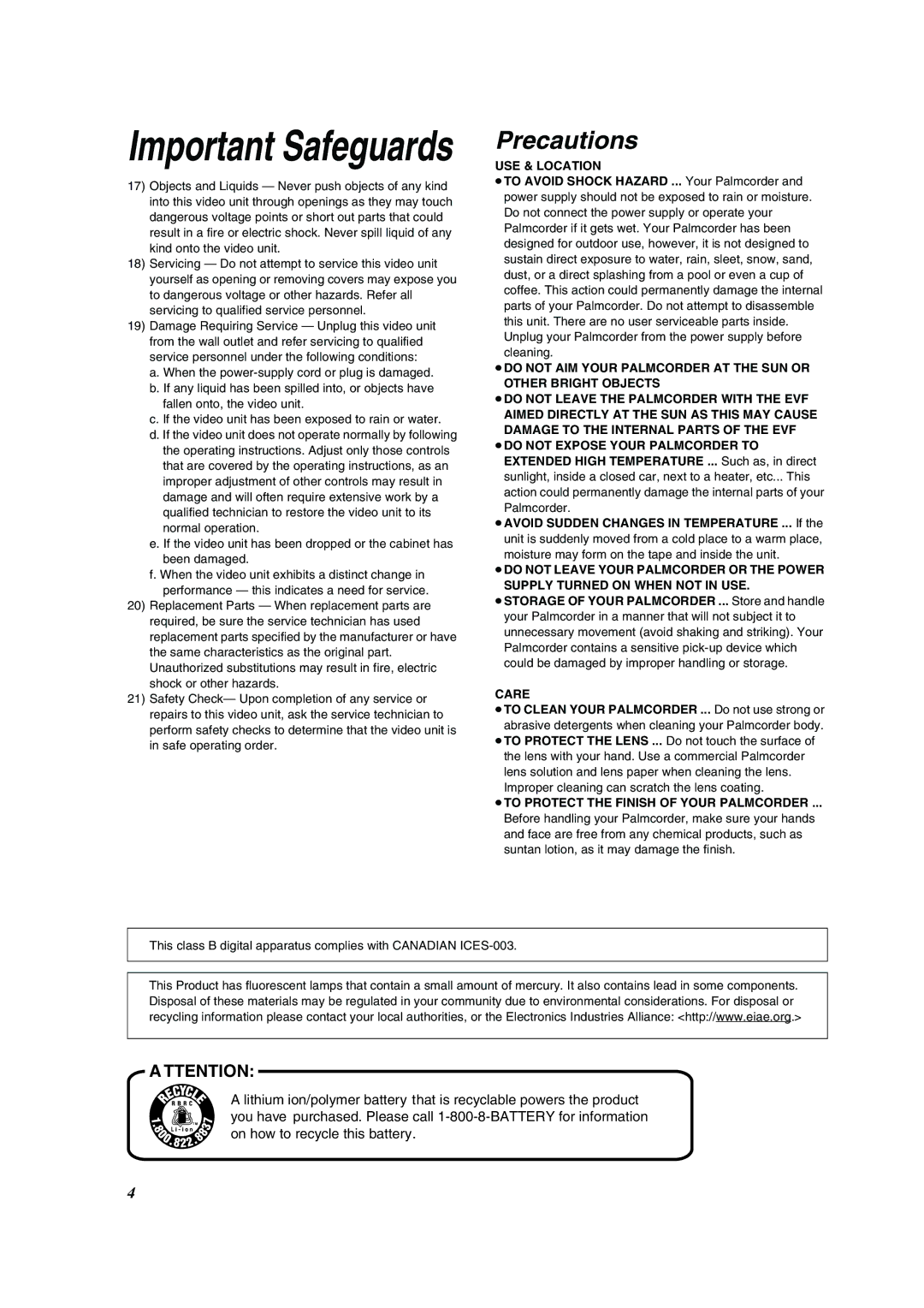 Panasonic PV-DV852 operating instructions Precautions 