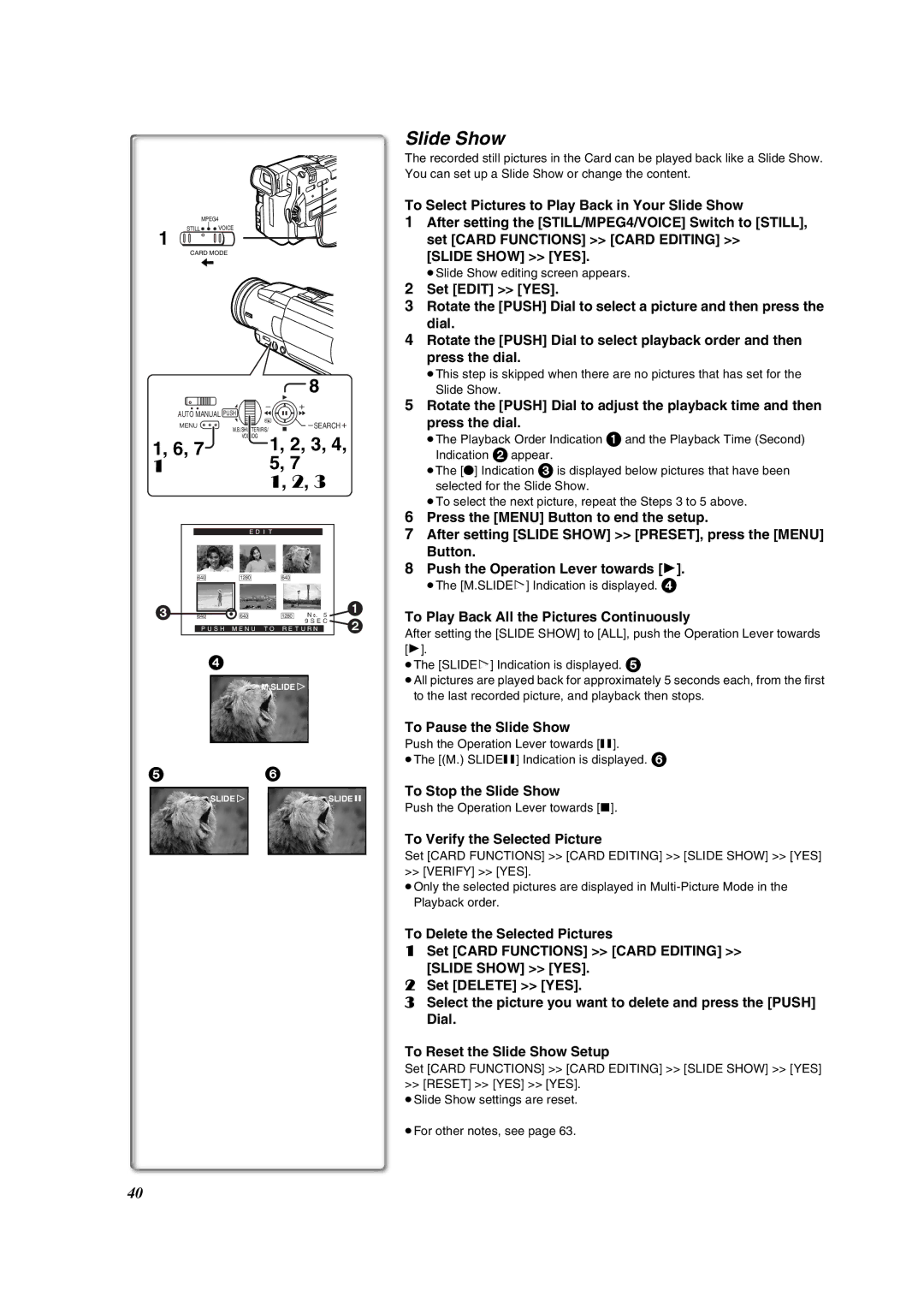 Panasonic PV-DV852 To Play Back All the Pictures Continuously, To Pause the Slide Show, To Stop the Slide Show 