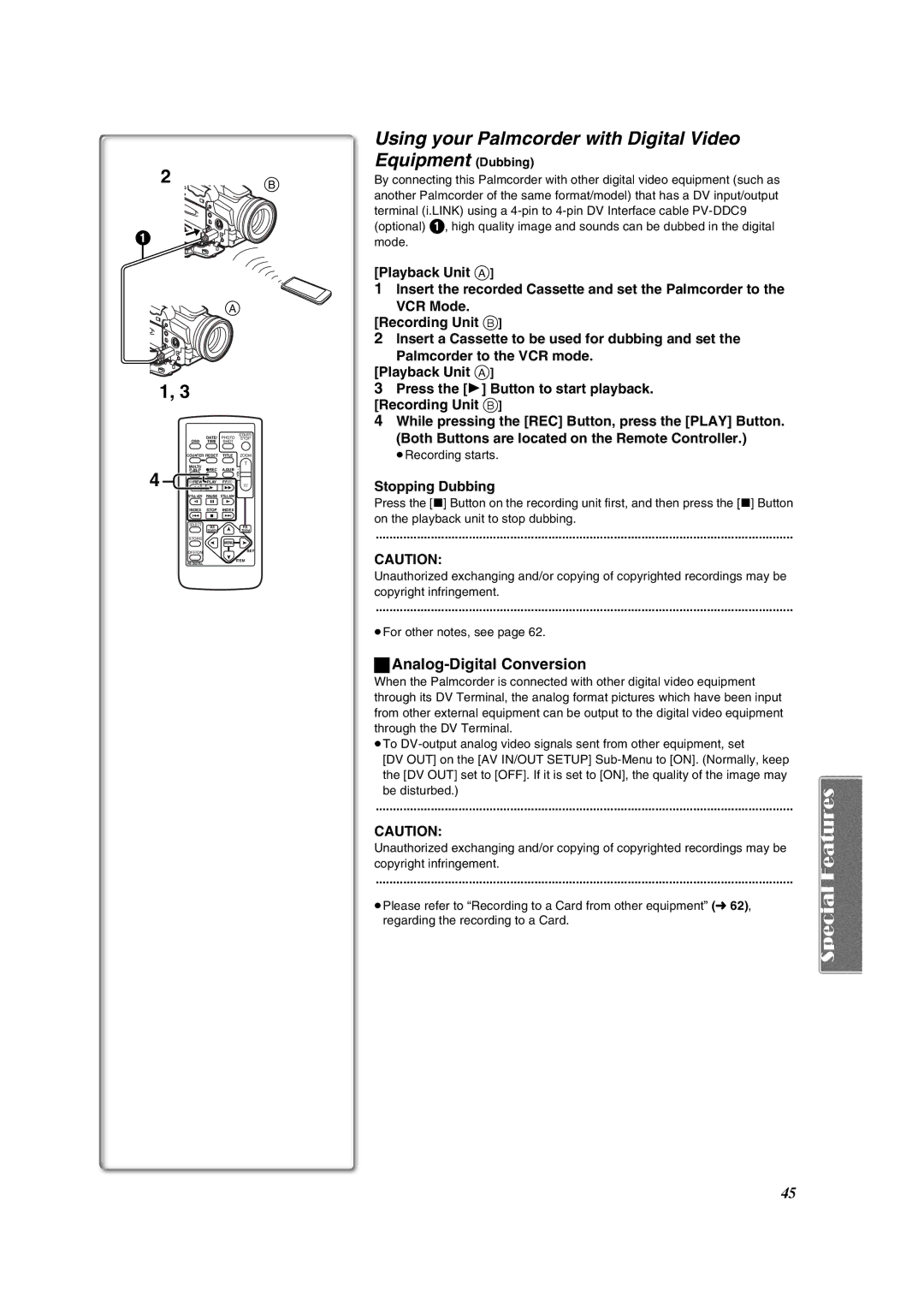 Panasonic PV-DV852 Using your Palmcorder with Digital Video Equipment Dubbing, Analog-Digital Conversion, Stopping Dubbing 