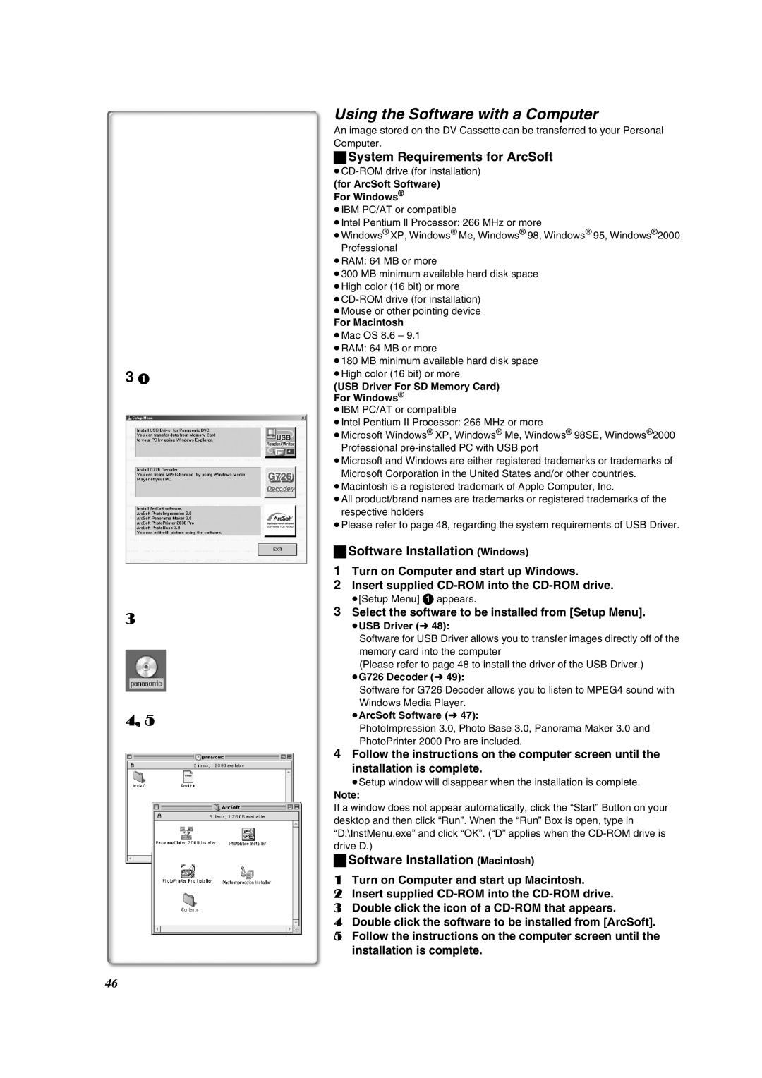 Panasonic PV-DV852 Using the Software with a Computer, System Requirements for ArcSoft, Software Installation Windows 