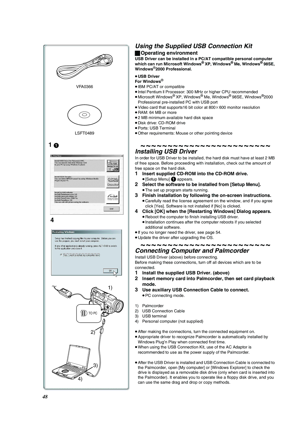 Panasonic PV-DV852 Using the Supplied USB Connection Kit, Installing USB Driver, Connecting Computer and Palmcorder 