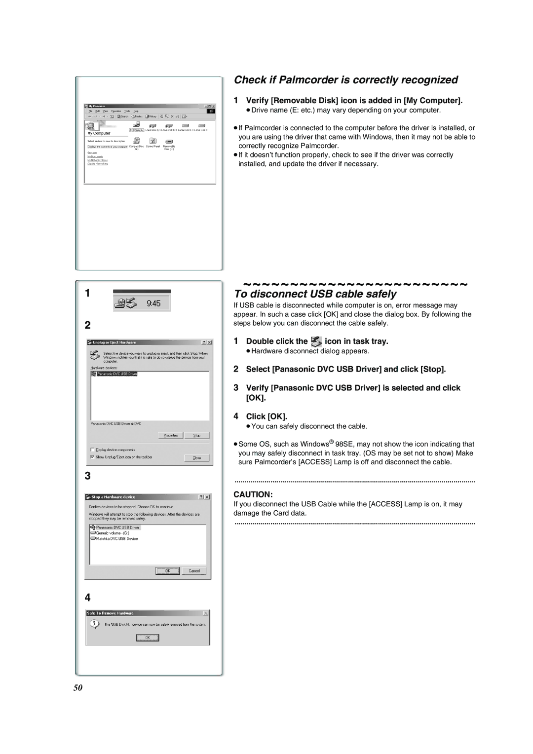 Panasonic PV-DV852 operating instructions Check if Palmcorder is correctly recognized, To disconnect USB cable safely 