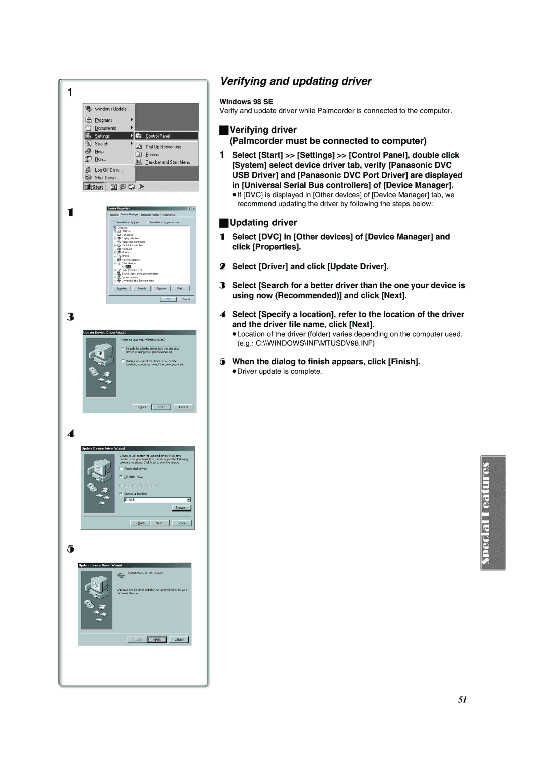 Panasonic PV-DV852 Verifying and updating driver, Verifying driver Palmcorder must be connected to computer, Windows 98 SE 