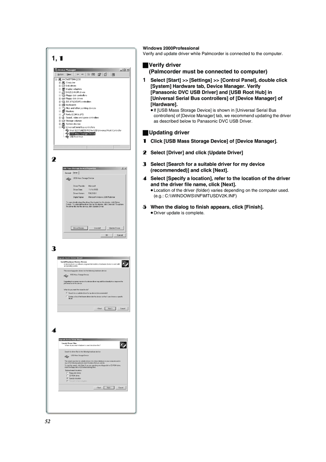 Panasonic PV-DV852 operating instructions Verify driver Palmcorder must be connected to computer, Windows 2000Professional 