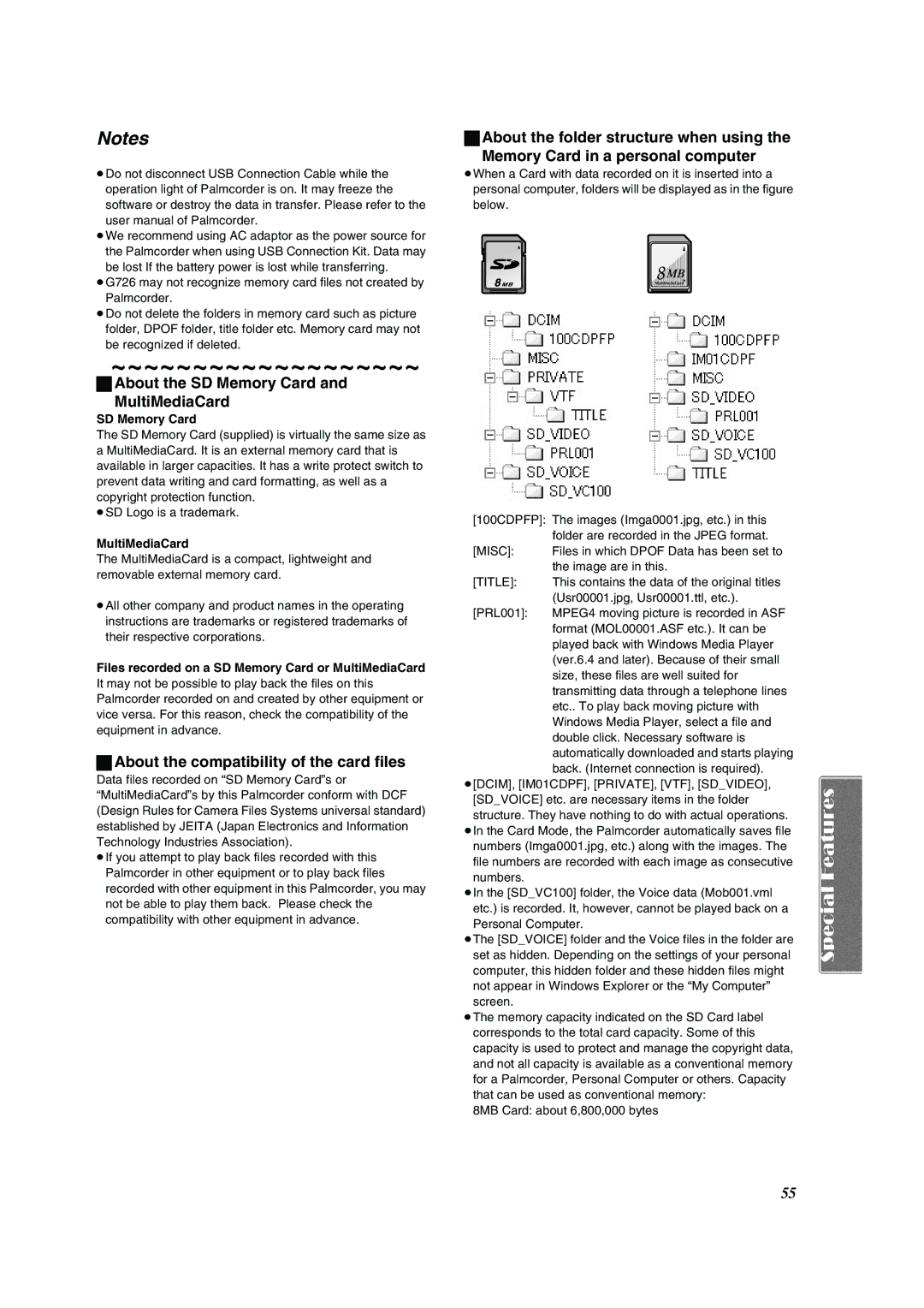 Panasonic PV-DV852 About the SD Memory Card MultiMediaCard, About the compatibility of the card files 