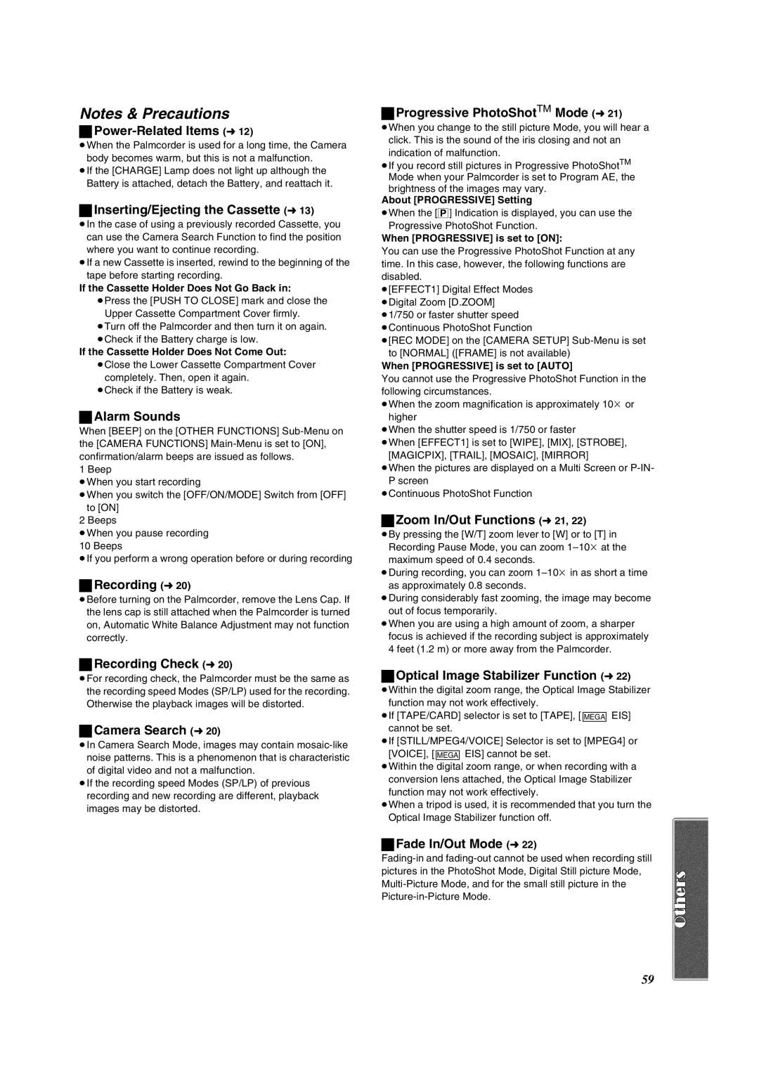 Panasonic PV-DV852 Power-Related Items l12, Inserting/Ejecting the Cassette l13, Alarm Sounds, Recording l20 