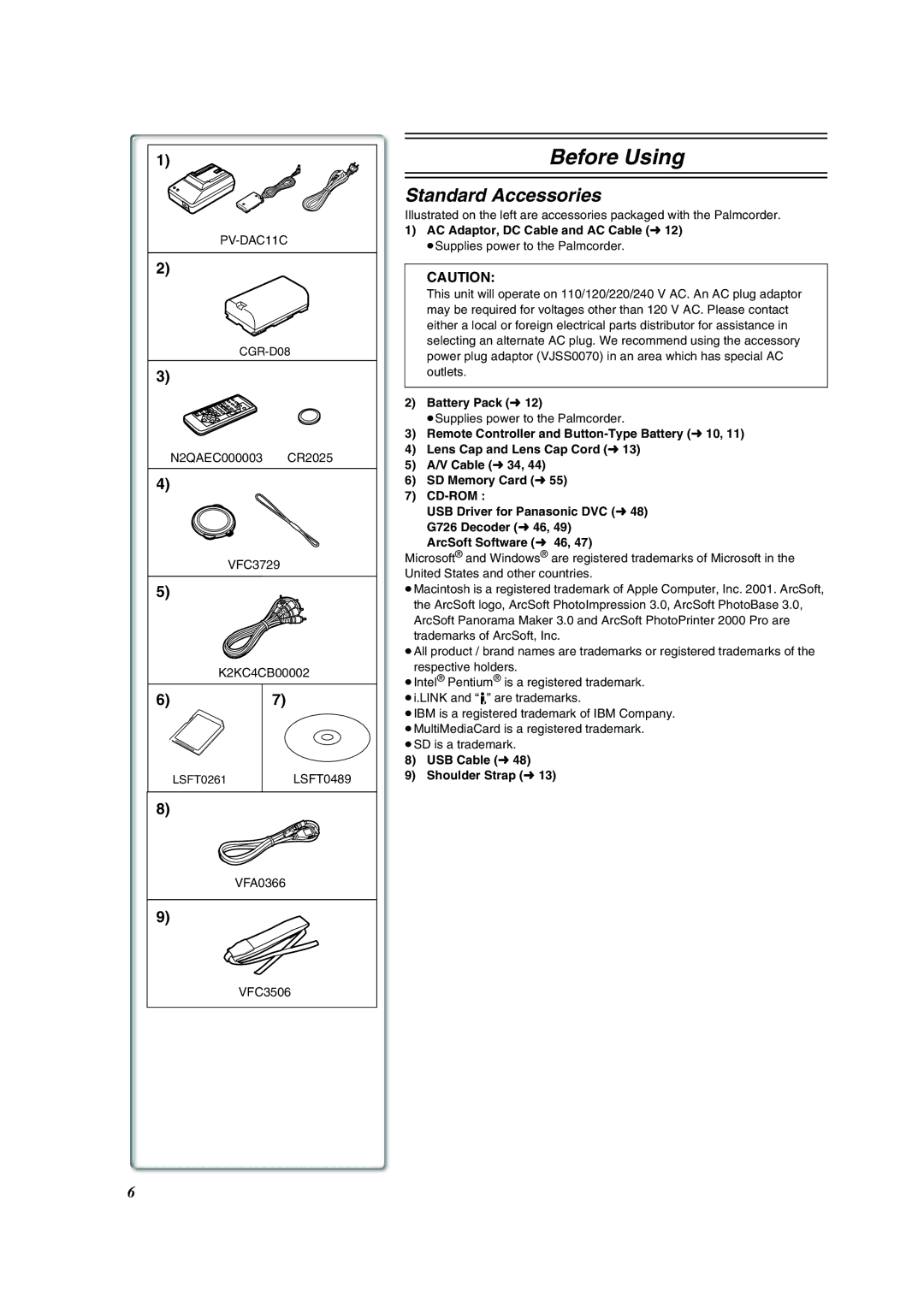 Panasonic PV-DV852 operating instructions Standard Accessories 