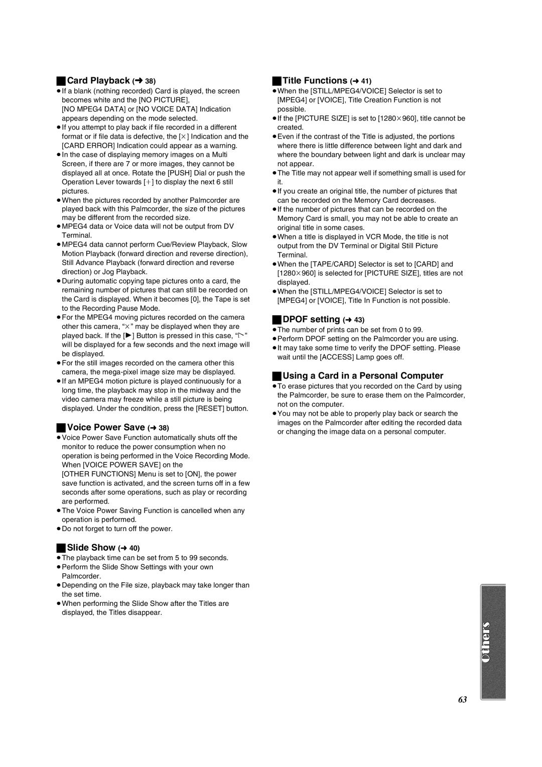 Panasonic PV-DV852 Card Playback l38, Voice Power Save l38, Slide Show l40, Title Functions l41, Dpof setting l43 