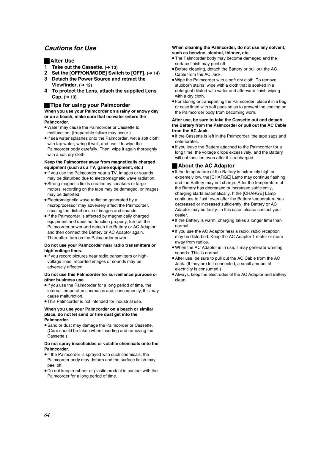 Panasonic PV-DV852 operating instructions After Use, Tips for using your Palmcorder, About the AC Adaptor 