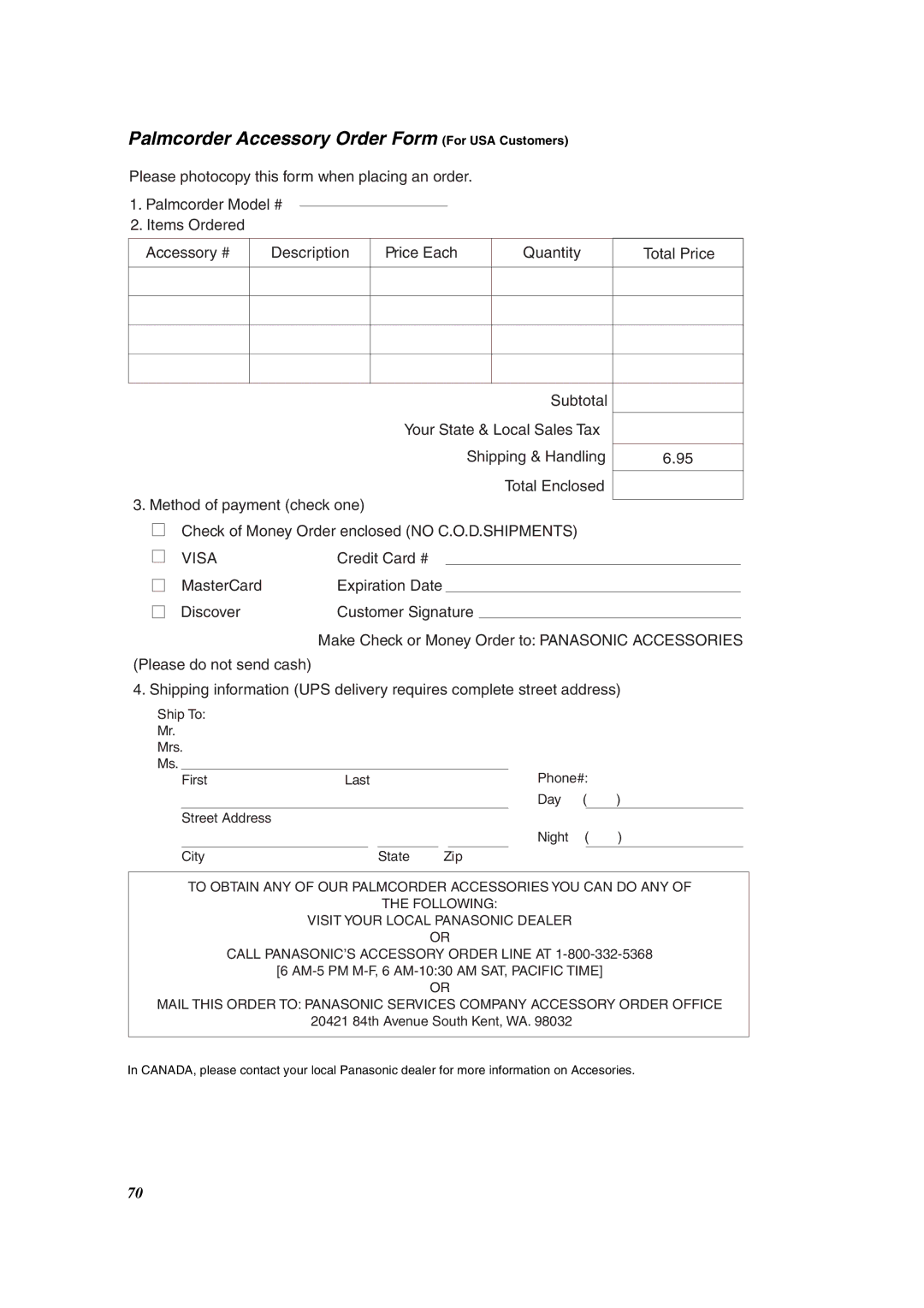 Panasonic PV-DV852 operating instructions Palmcorder Accessory Order Form For USA Customers, Visa 