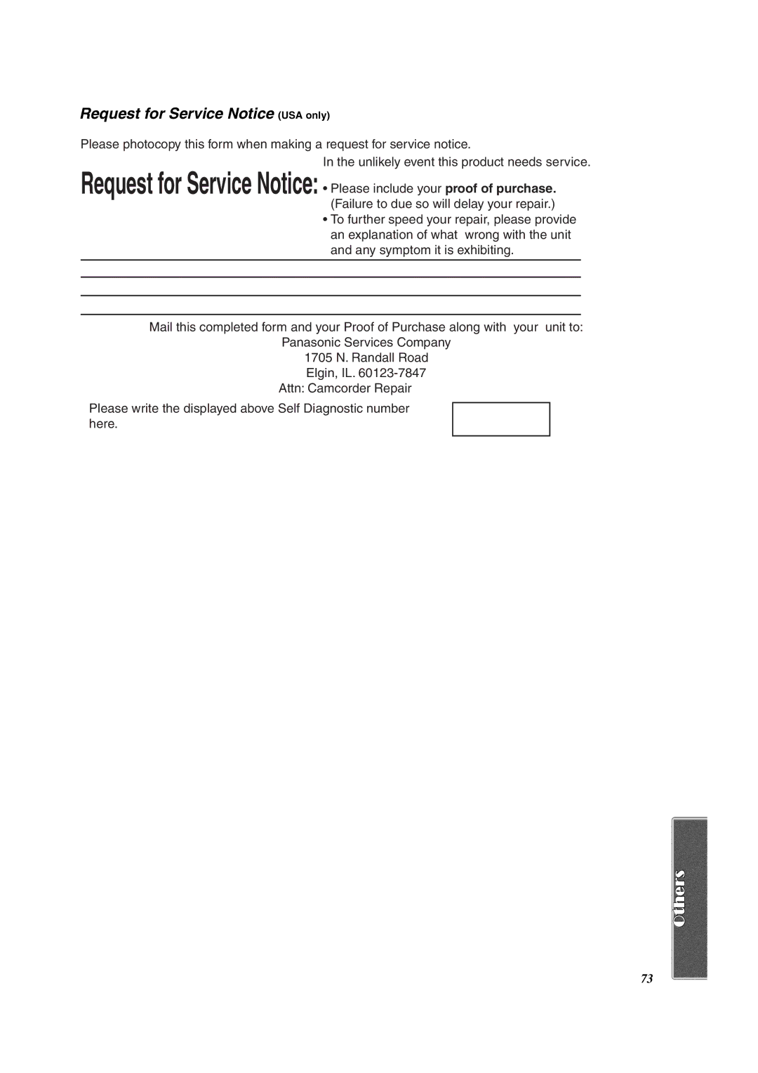 Panasonic PV-DV852 operating instructions Request for Service Notice USA only 