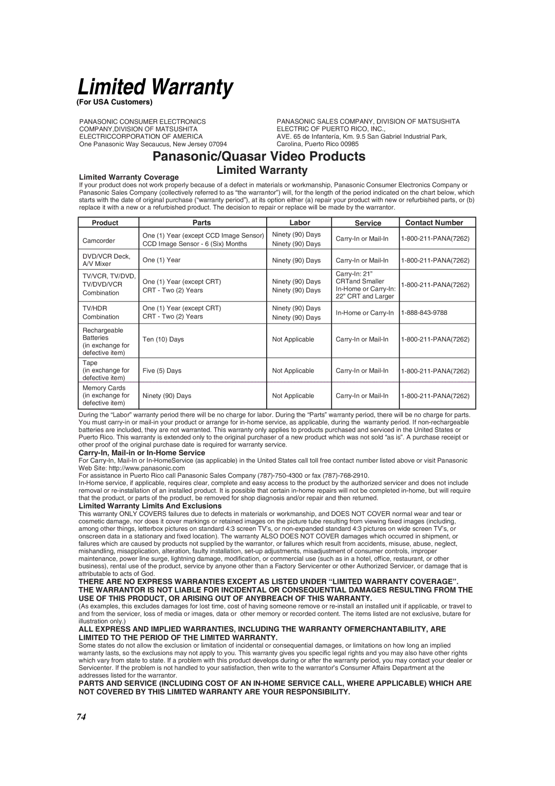 Panasonic PV-DV852 operating instructions For USA Customers, Limited Warranty Coverage, Parts Labor Service Contact Number 