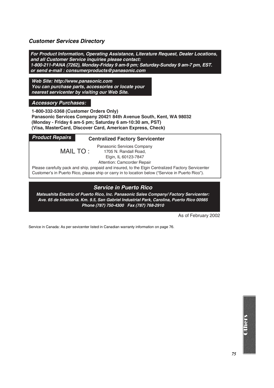 Panasonic PV-DV852 operating instructions Customer Services Directory, Centralized Factory Servicenter 