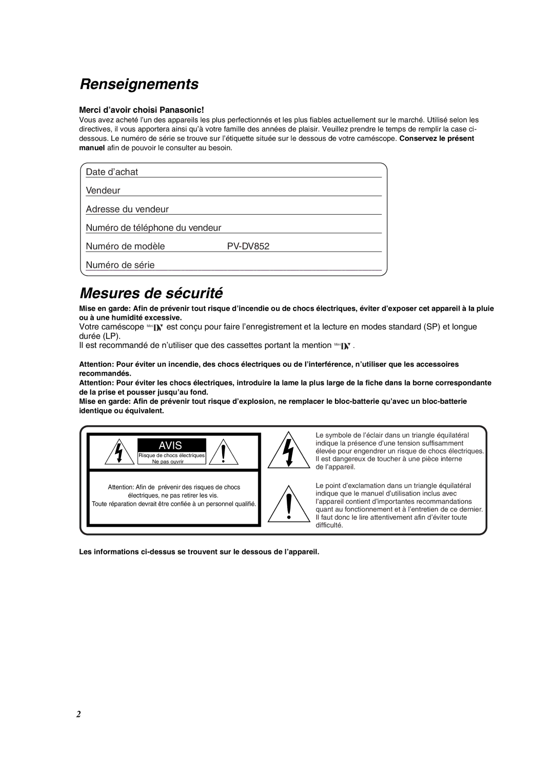 Panasonic PV-DV852 operating instructions Renseignements, Merci d’avoir choisi Panasonic 